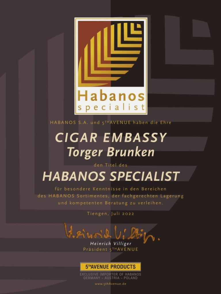 Urkunde Habanos Specialist Cigar Embassy